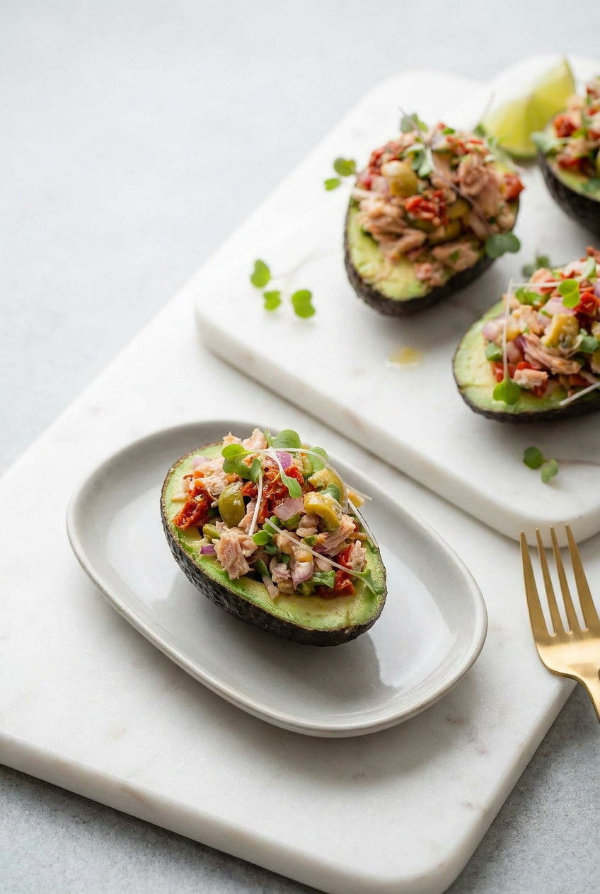 Multiple avocado tuna salad boats arranged neatly on a platter, ready for serving or meal prep.