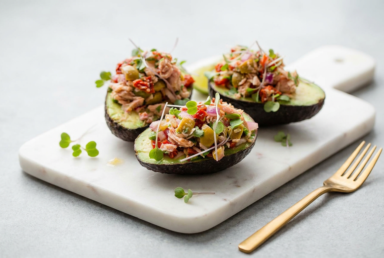 Creamy avocado tuna salad boats, generously filled into avocado halves and garnished with fresh herbs.