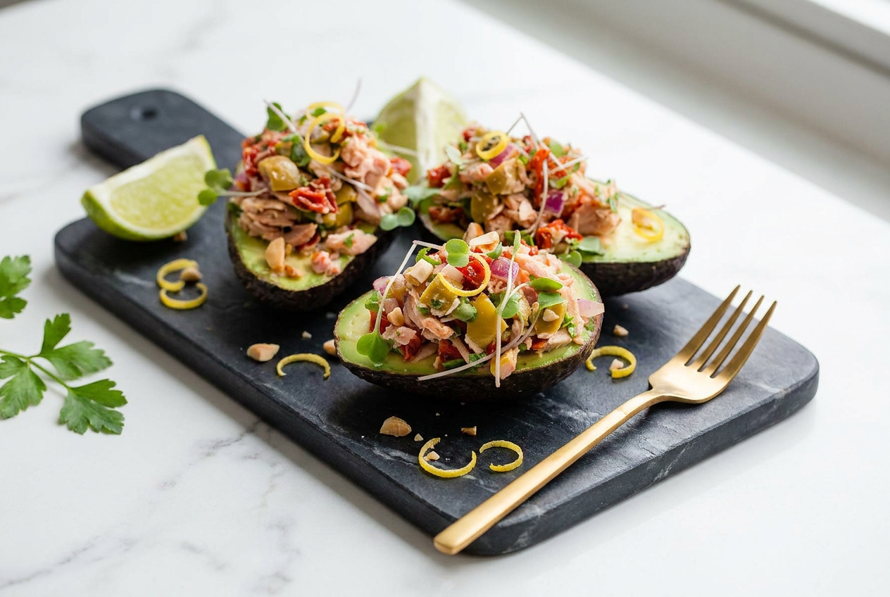 Creamy avocado tuna salad boats filled into fresh avocado halves, topped with toasted Marcona almonds and fresh lemon zest.