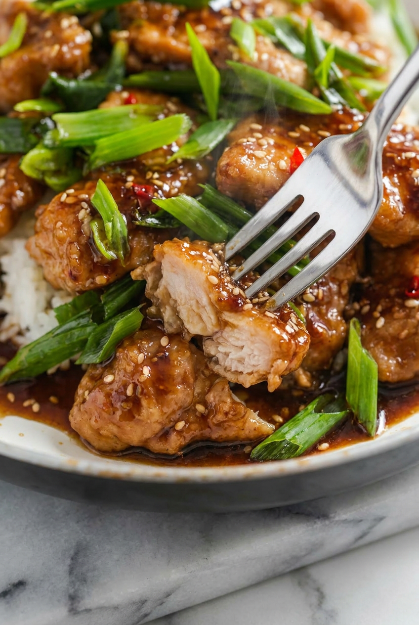 Chicken breast pieces coated in a light marinade, stir-frying in a hot wok to achieve perfect tenderness for high protein low calorie mongolian chicken.