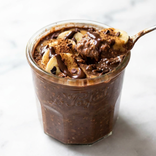 Rich chocolate peanut butter protein overnight oats in a glass jar, layered with peanut butter, drizzled with chocolate, and topped with chopped peanuts.