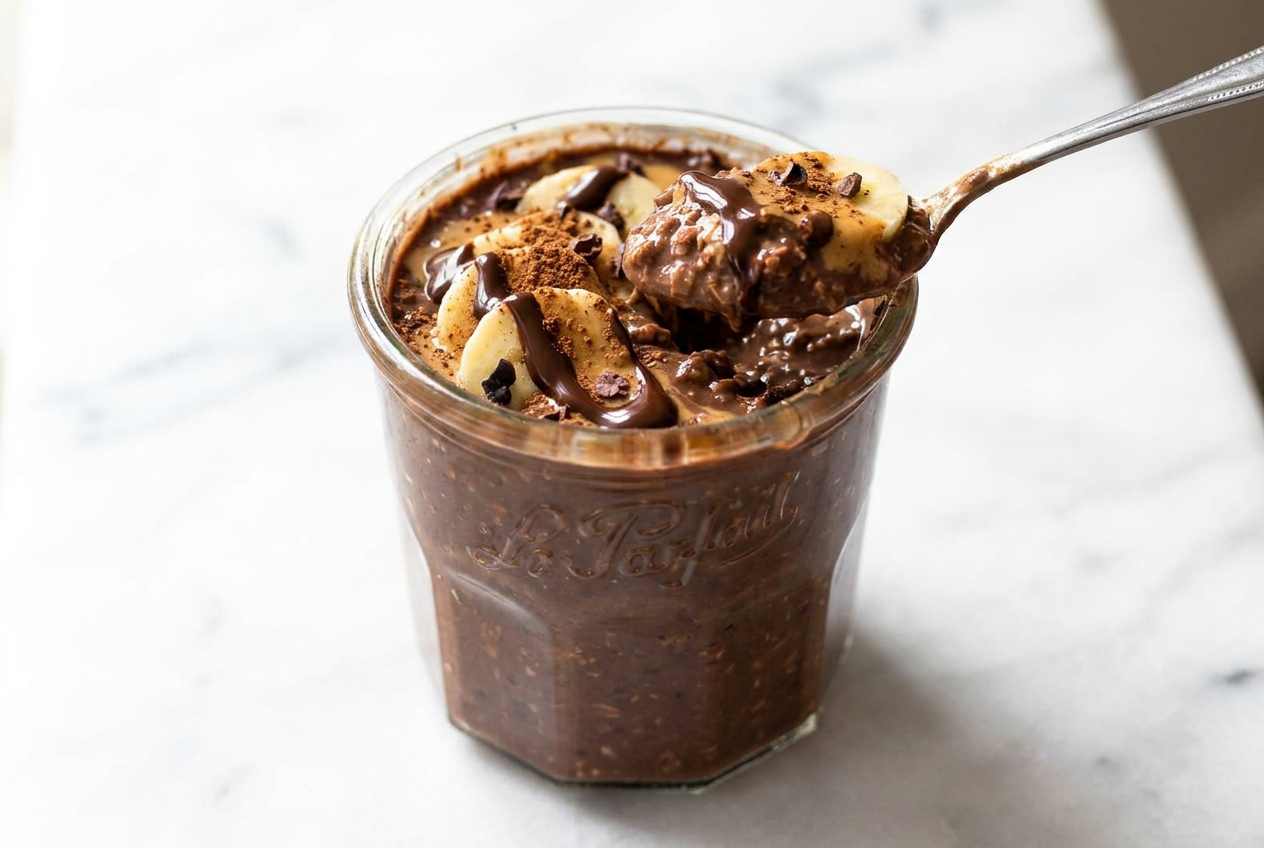 Rich chocolate peanut butter protein overnight oats in a glass jar, layered with peanut butter, drizzled with chocolate, and topped with chopped peanuts.