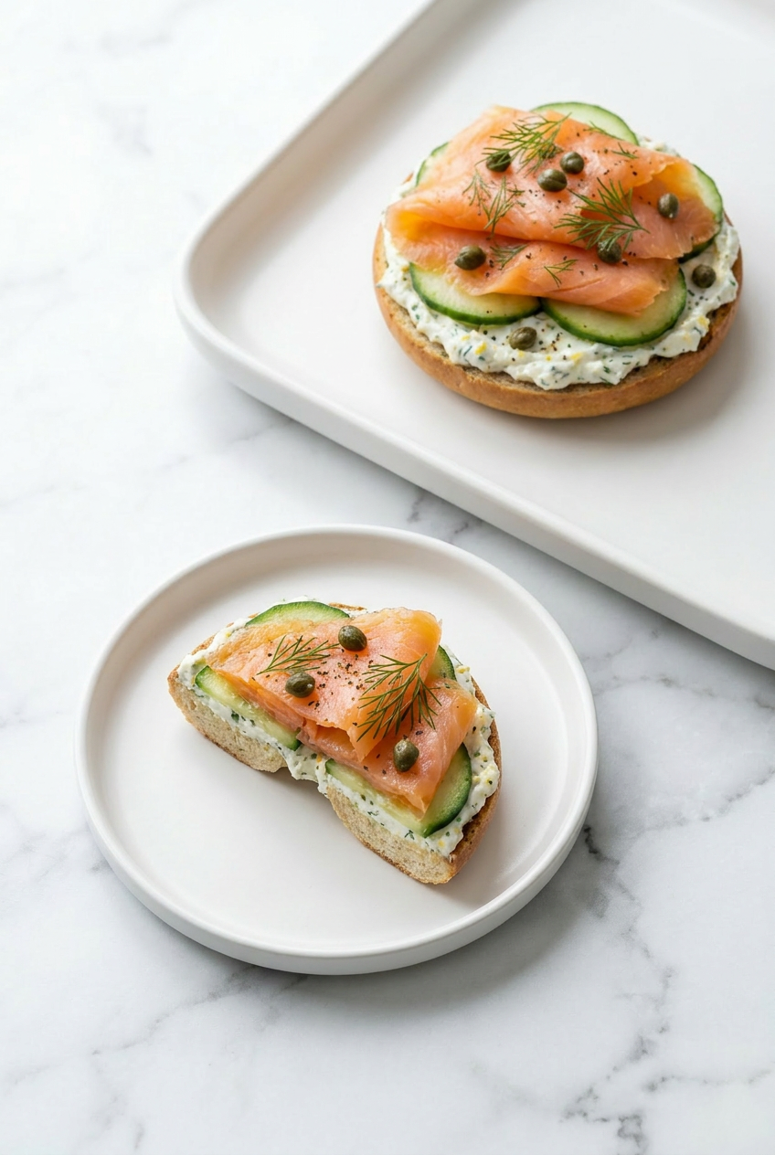 A sliced high protein bagel on a cutting board, lightly toasted and ready for toppings.