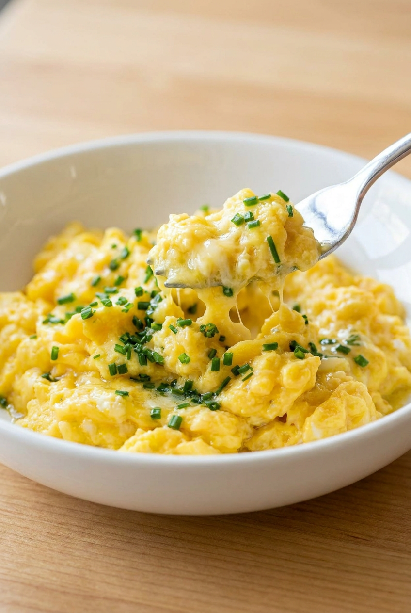 A close-up of high protein scrambled eggs in a nonstick skillet, showing their creamy, soft texture during cooking.