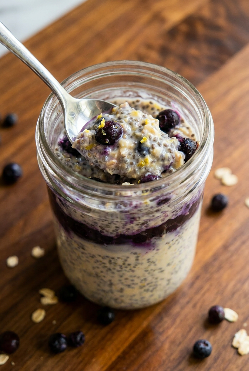 Close-up of creamy lemon blueberry overnight oats in a glass jar, showing layers of oats, purple blueberries, and a thick, yellow lemon cream swirl.
