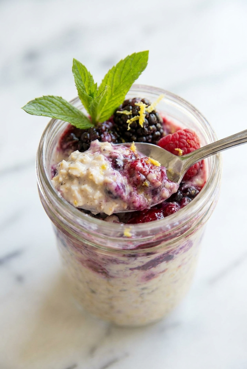 Creamy mixed berry protein overnight oats in a glass jar, showing the thick texture and berry layers.