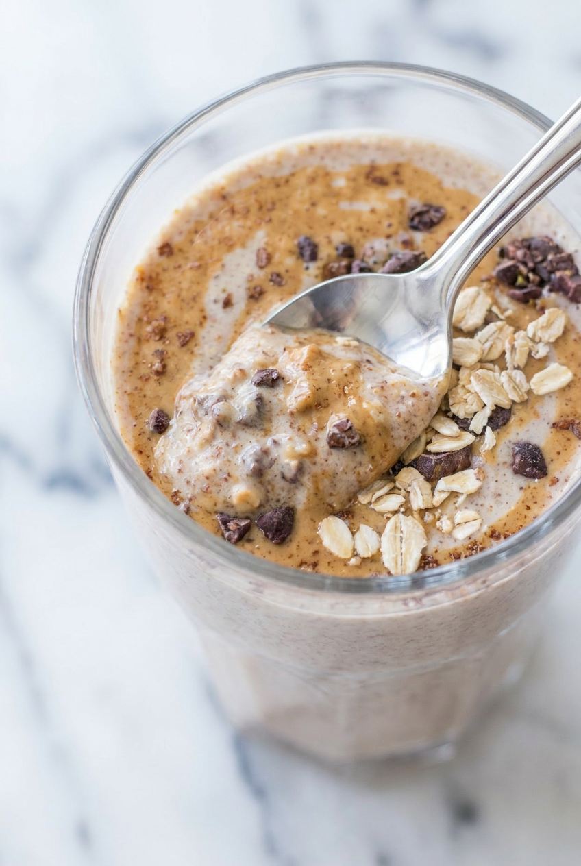 Close-up of a high protein peanut butter smoothie showing its thick and creamy texture, being poured into a glass.