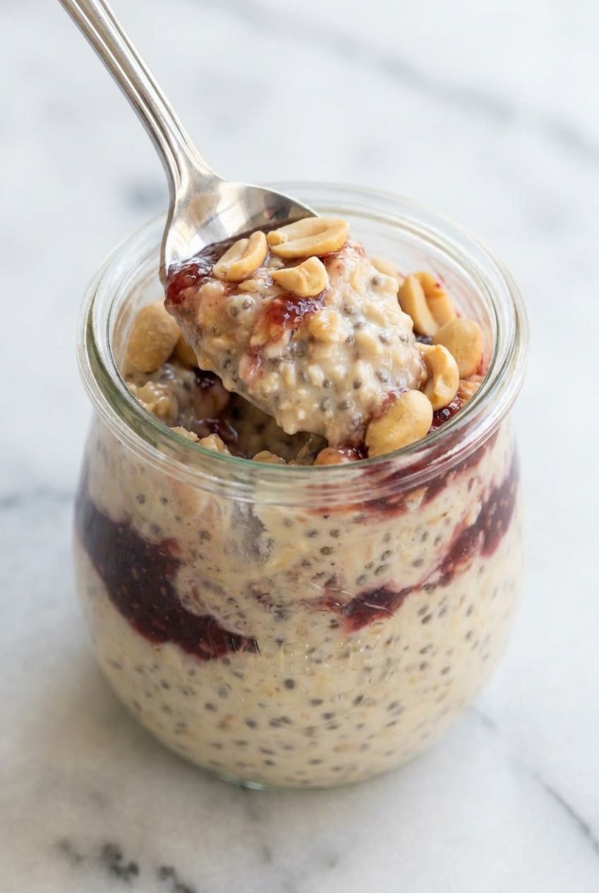 Close-up of protein overnight oats being stirred in a clear glass bowl, showcasing their thick, creamy texture.