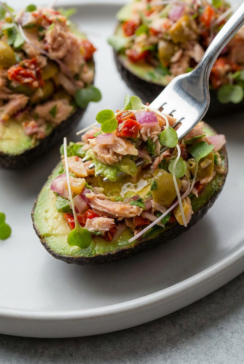 A fork scooping creamy tuna salad from an avocado half, showcasing the fresh texture of avocado tuna salad boats.