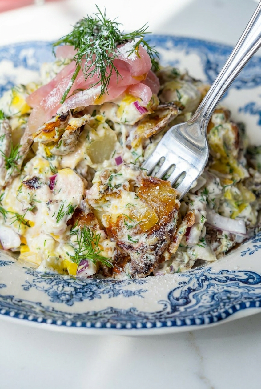 A close-up view of a serving of high protein smashed potato salad, showing tender potato chunks, creamy dressing, and chopped fresh herbs.