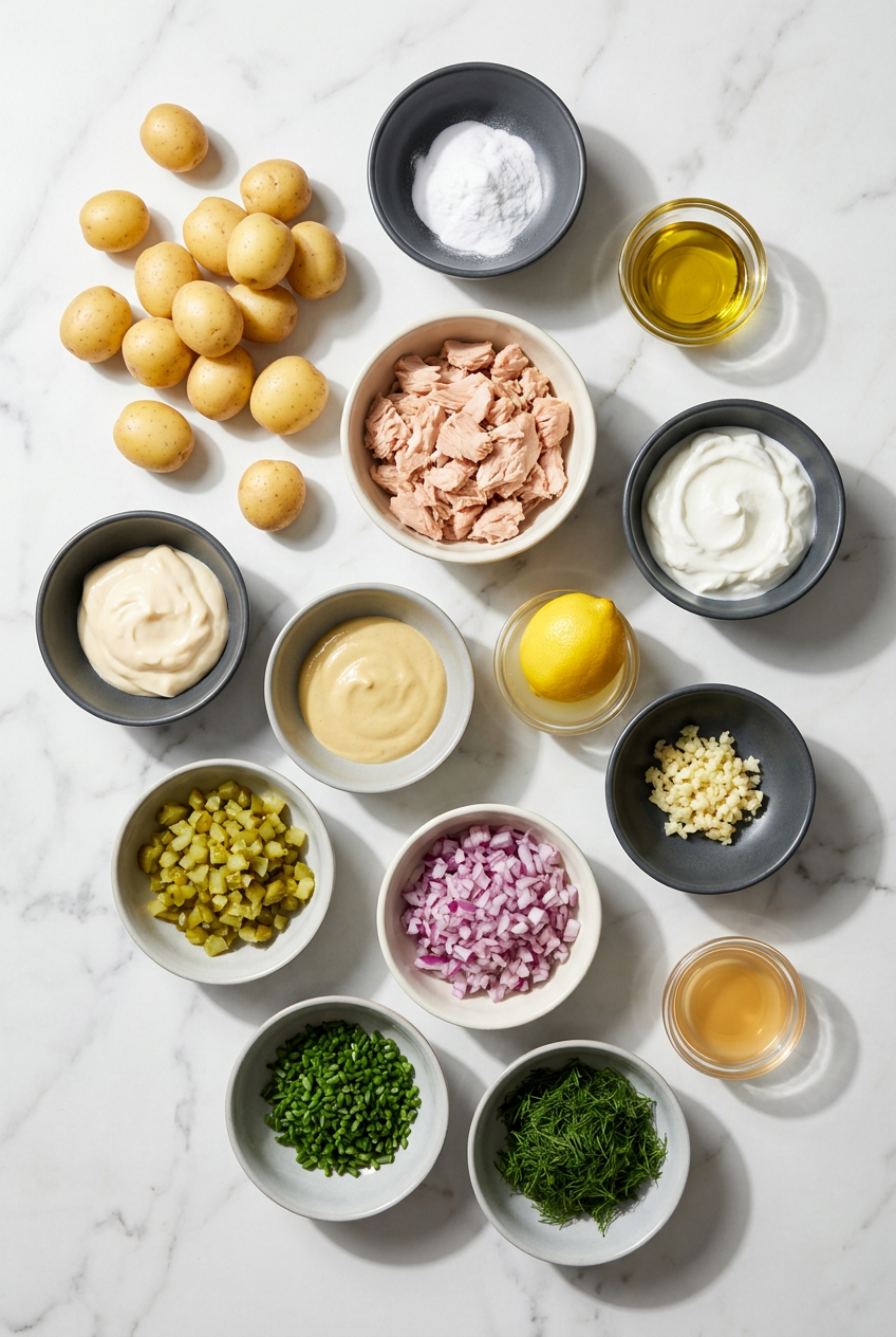 A flat lay of raw ingredients for high protein smashed potato salad, including baby potatoes, a can of tuna, Greek yogurt, fresh dill, chives, and Dijon mustard.