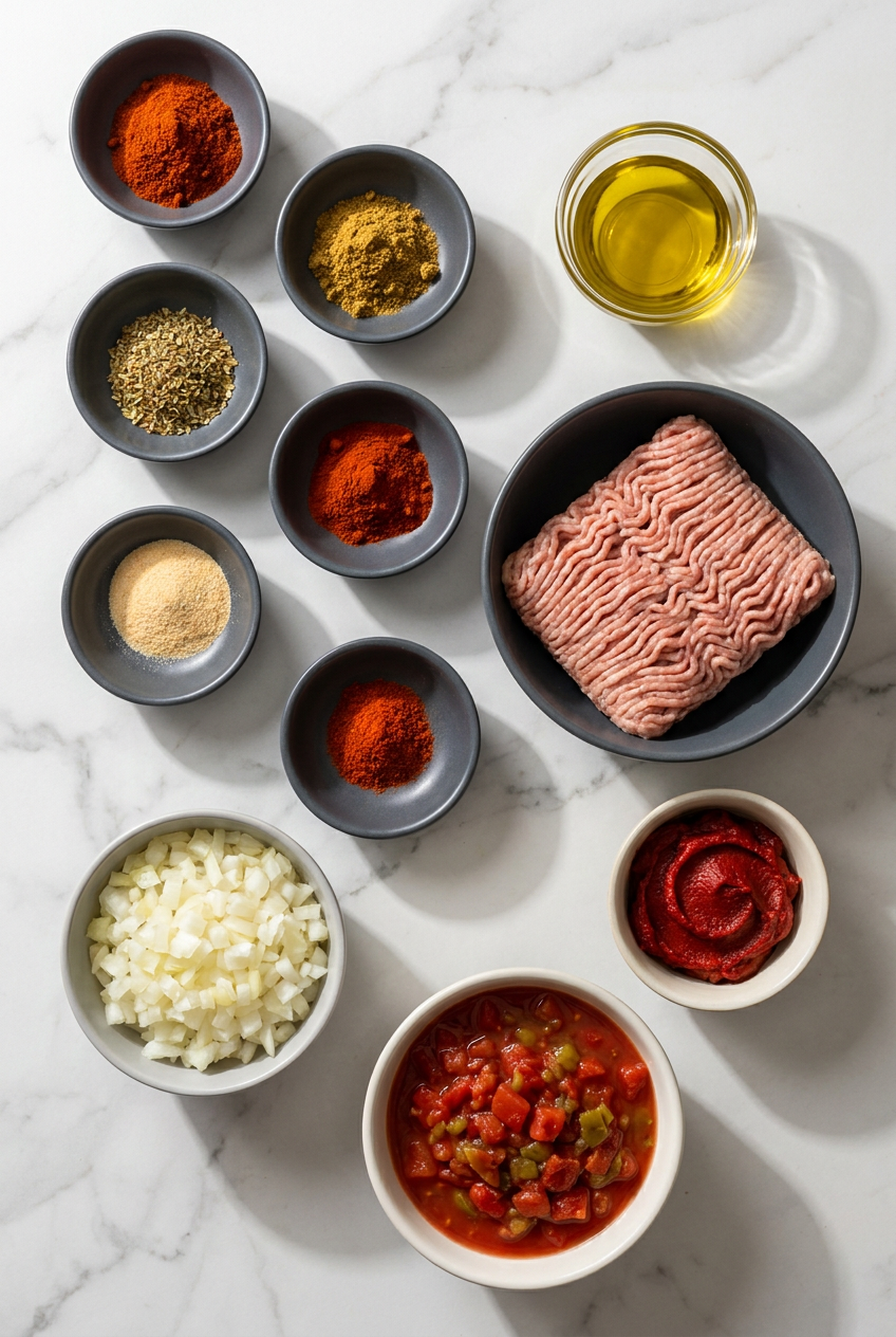 A flat lay of raw ingredients for southwest ground turkey taco bowls, including ground turkey, Rotel, black beans, corn, and spices.