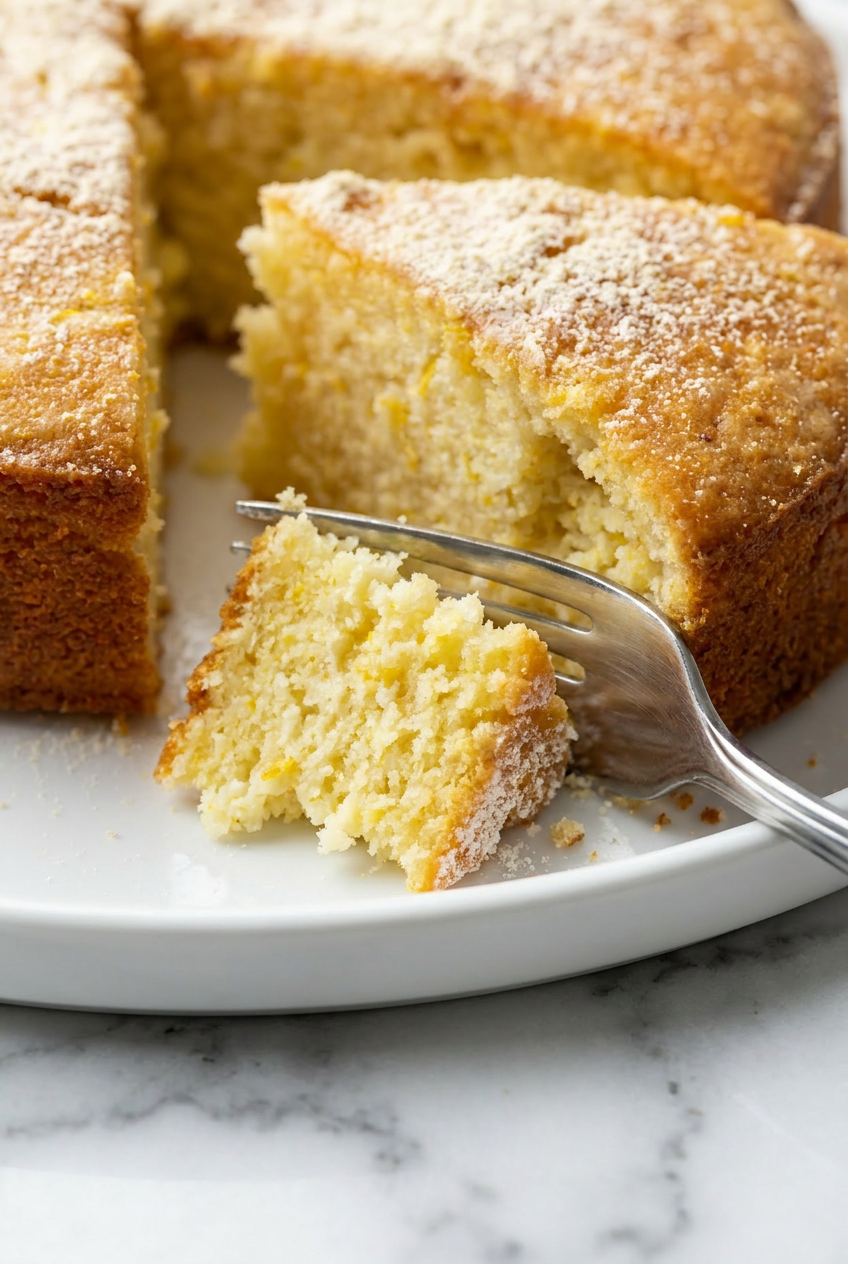 Close-up of a slice of high protein lemon ricotta cake showing its fluffy, moist crumb and visible specks of lemon zest.