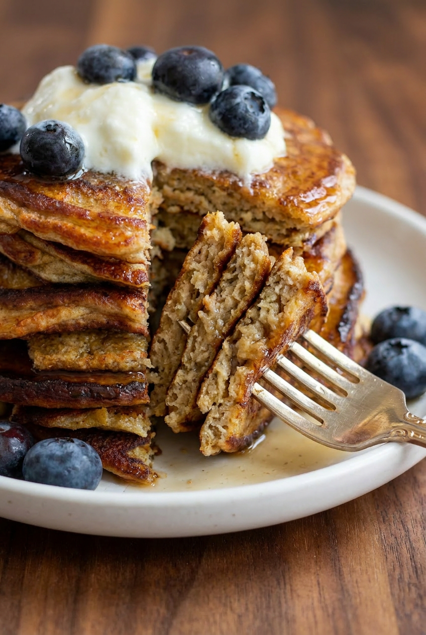 A close-up shot of a fork cutting into a stack of high protein cottage cheese pancakes, revealing a light and airy interior texture.