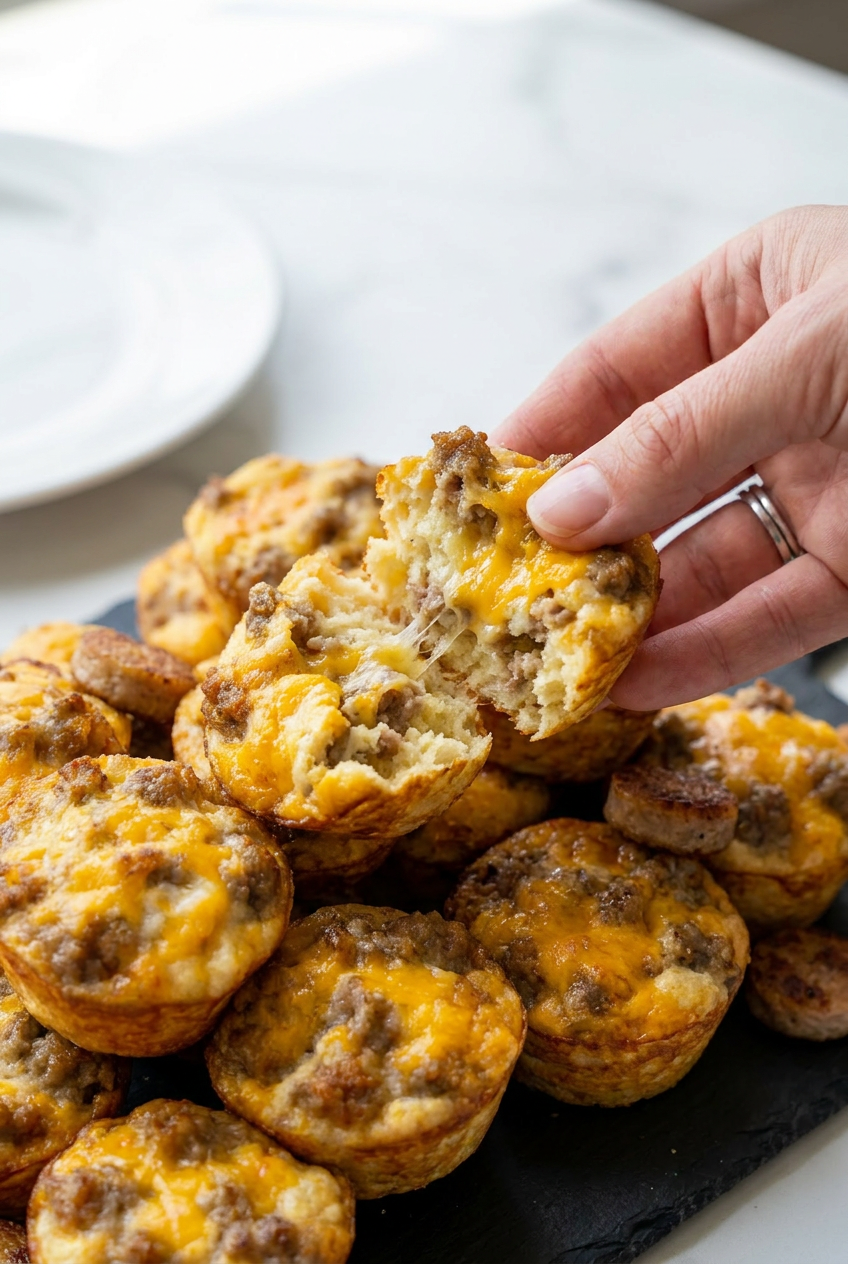 Several golden high protein pancake mini muffins with visible sausage coins and melted cheese, resting on a cooling rack.