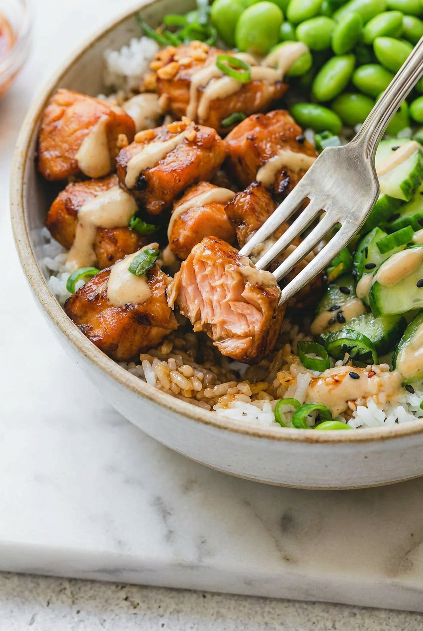 Perfectly glazed teriyaki salmon fillet with a golden-brown crust, ready to be added to high protein low calorie bowls.