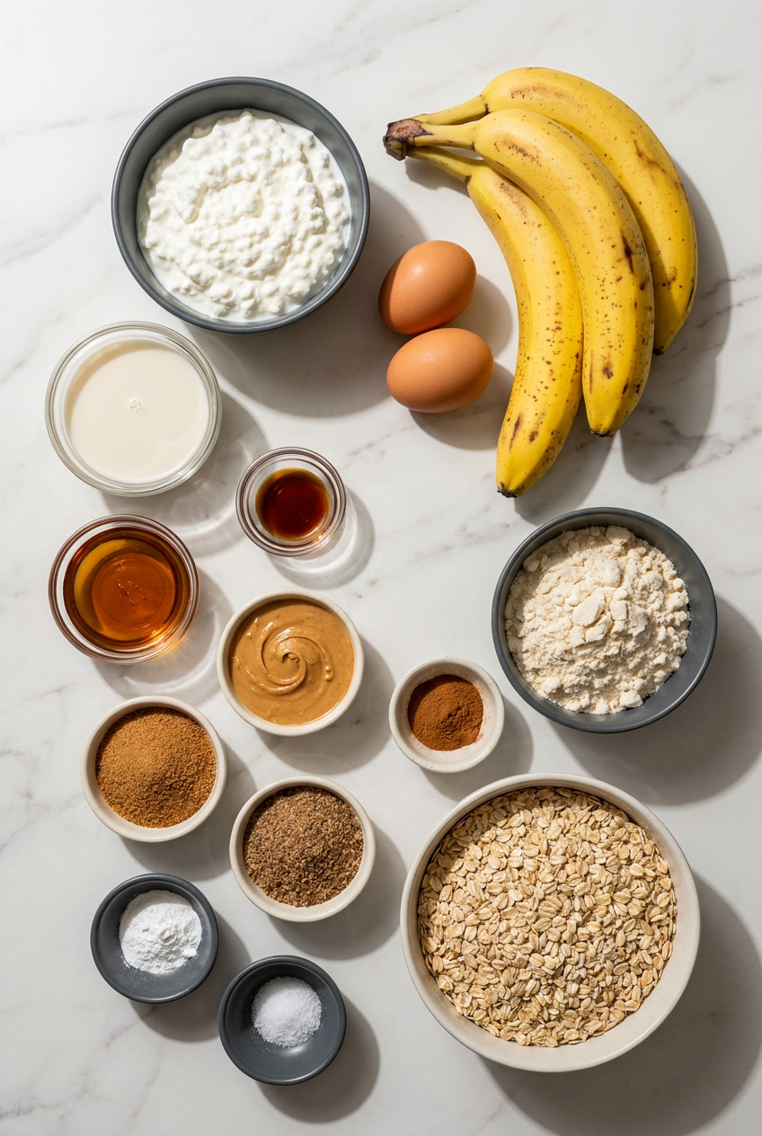 A flat lay of raw ingredients for high protein baked oatmeal, featuring rolled oats, a bowl of blended cottage cheese, milk, eggs, maple syrup, and chia seeds.