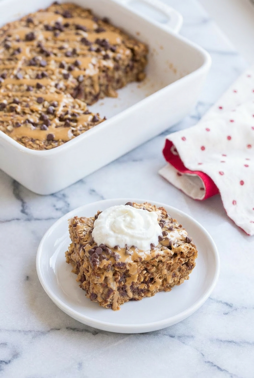 Individual servings of high protein baked oatmeal in small glass containers, stacked for meal prep, with a spoon beside them.