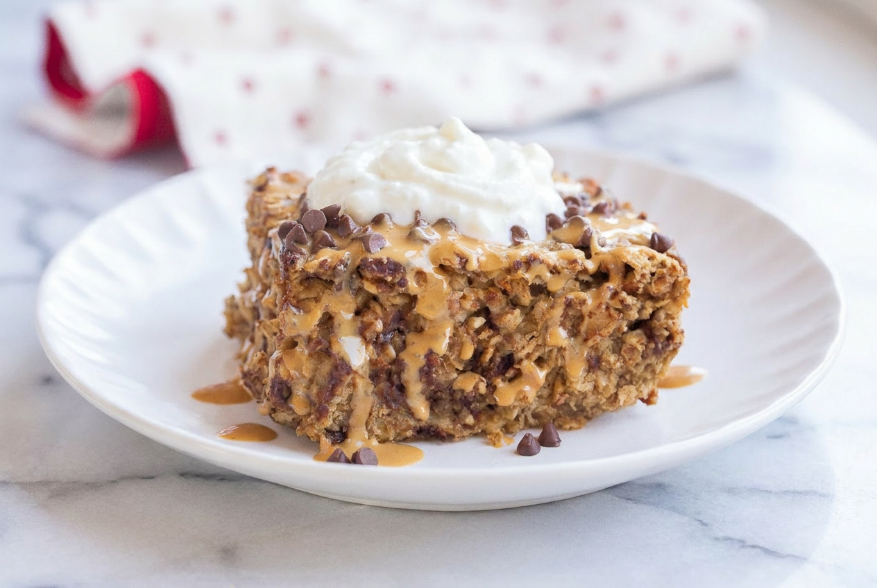 A golden-brown square of high protein baked oatmeal, sliced and served on a white plate, revealing a moist, dense interior with a slightly crisp top.