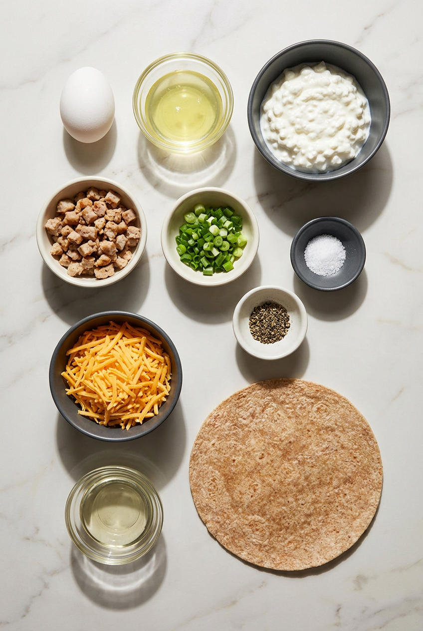 Raw ingredients for high protein breakfast recipes, including eggs, creamy cottage cheese, sliced chicken sausage, and low-carb tortillas, laid out on a light surface.