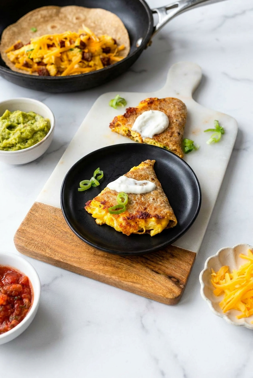 High protein breakfast quesadilla wedges neatly arranged in clear containers for convenient meal prep.