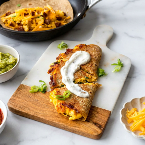 Golden-brown breakfast quesadilla filled with creamy scrambled eggs, chicken sausage, and blended cottage cheese, showcasing high protein breakfast recipes.