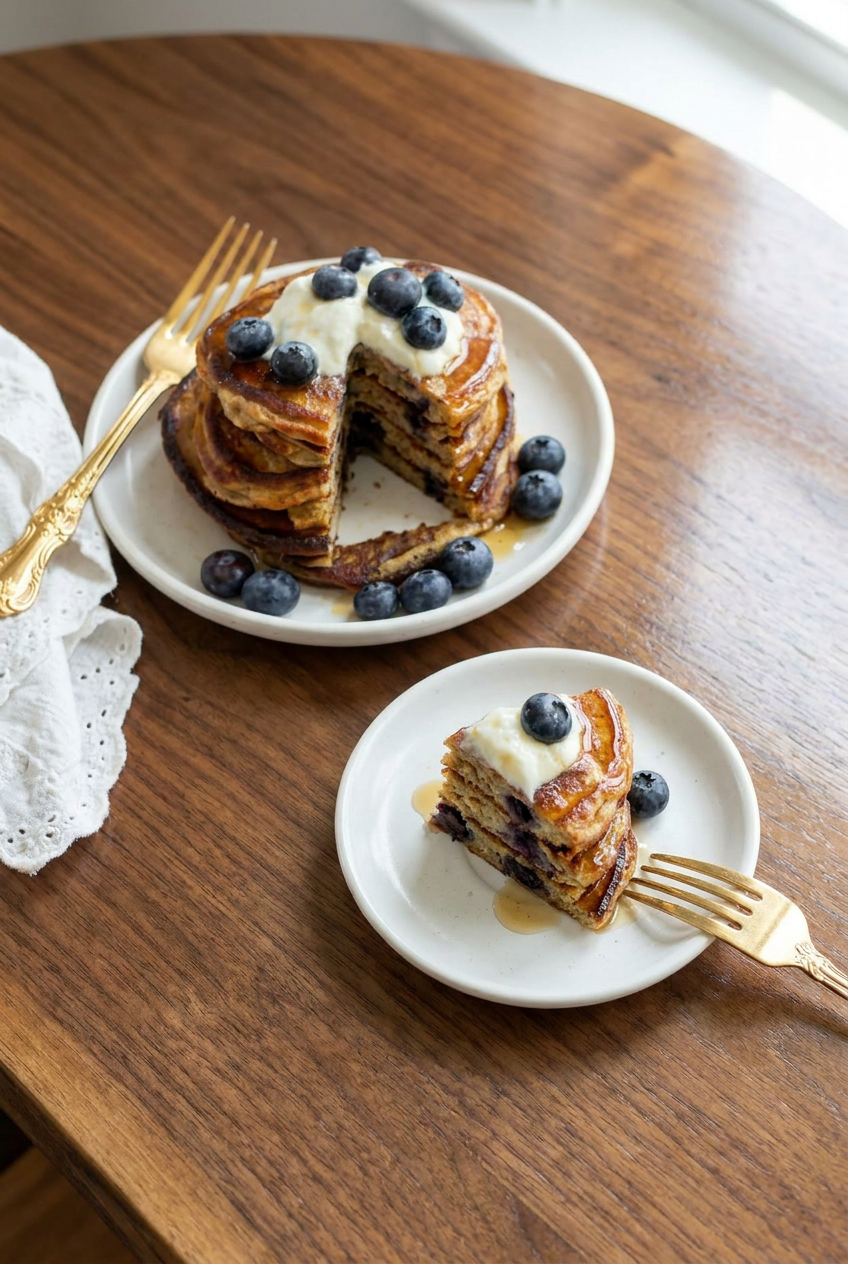 A neatly arranged serving of high protein cottage cheese pancakes with a side of berries and a small pitcher of maple syrup, ready for a healthy breakfast.