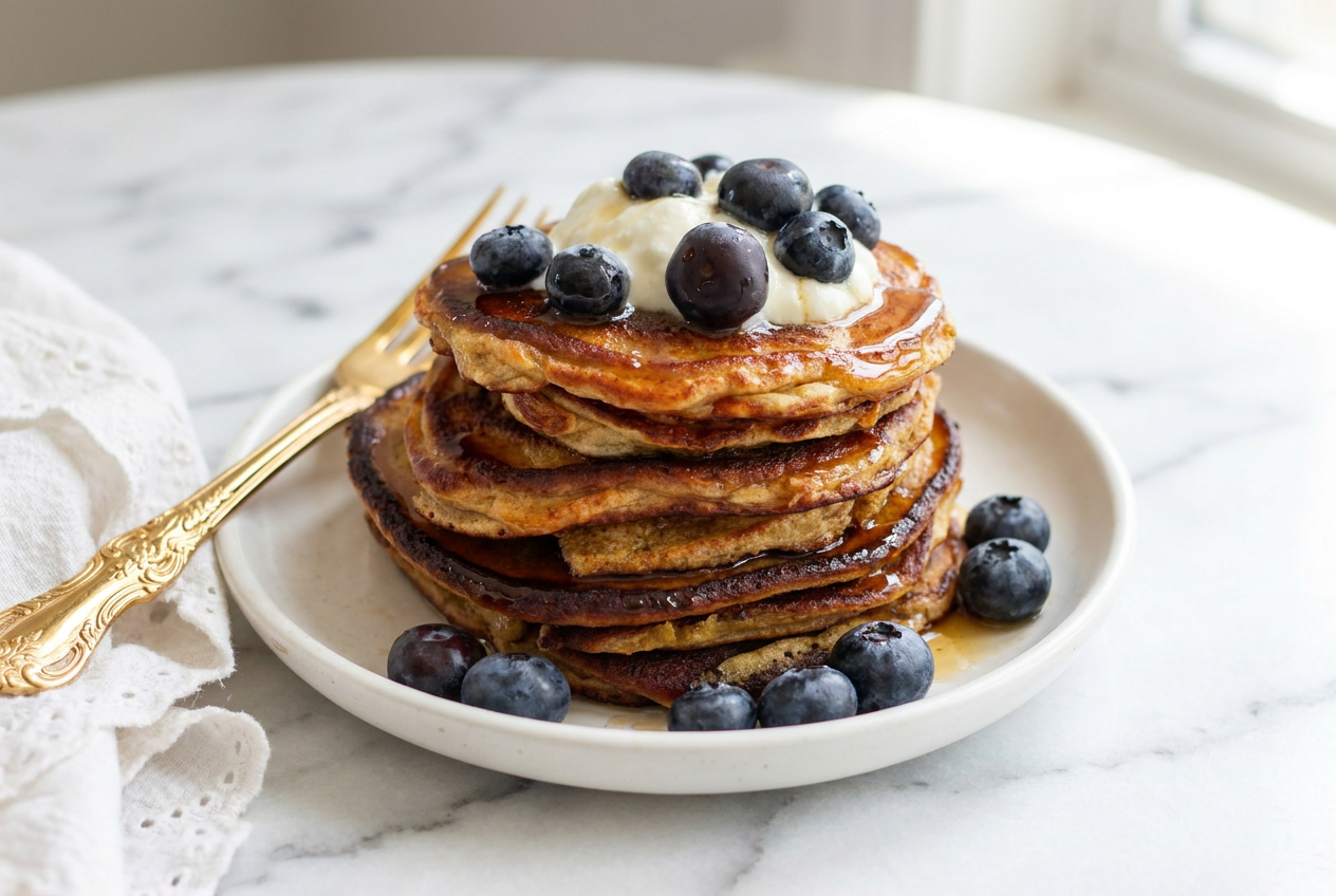 Tall stack of fluffy high protein cottage cheese pancakes, topped with fresh mixed berries and a drizzle of maple syrup.