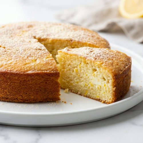 Golden brown high protein lemon ricotta cake with a thick white lemon glaze and fresh lemon zest on top, sliced for serving.