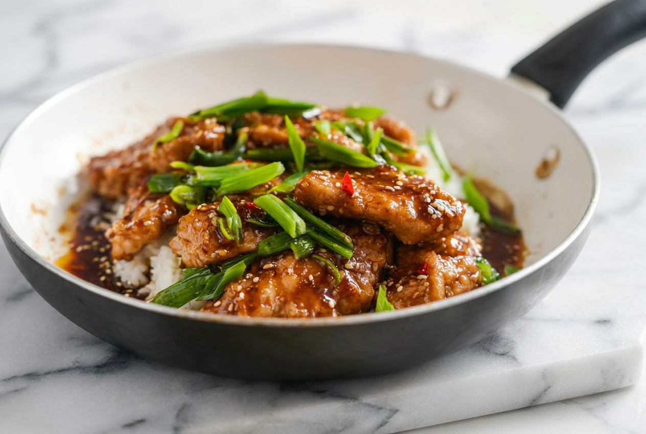 High protein low calorie mongolian chicken stir-fry with tender chicken pieces, glossy dark sauce, green scallions, and sesame seeds, served in a bowl.