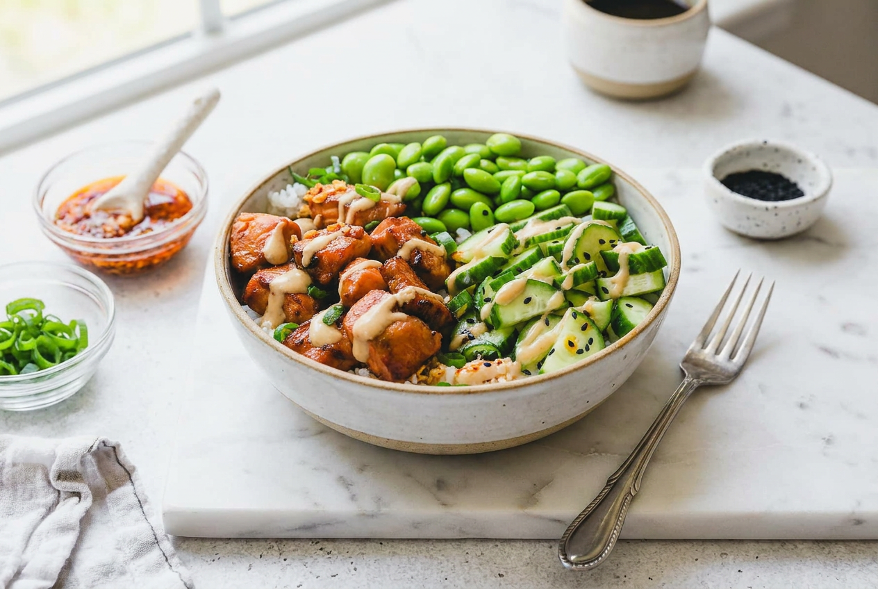 Vibrant high protein low calorie teriyaki salmon bowls with rice, edamame, cucumber, and a creamy miso-ginger yogurt drizzle.