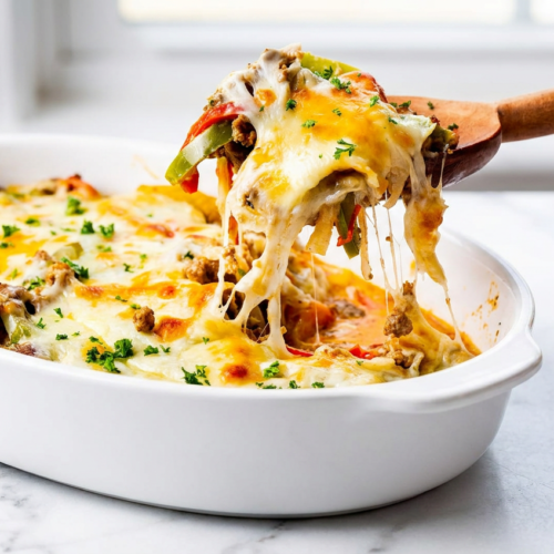 A bubbling high protein low carb philly cheesesteak casserole with melted provolone and cream cheese, visible thinly shaved steak, and sautéed peppers and onions.