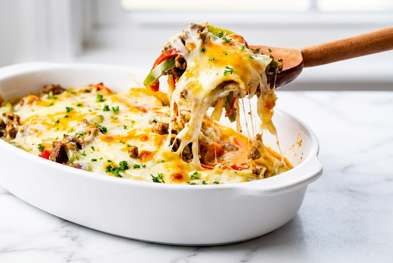 The Ultimate High Protein low carb Philly Cheesesteak Casserole Recipe