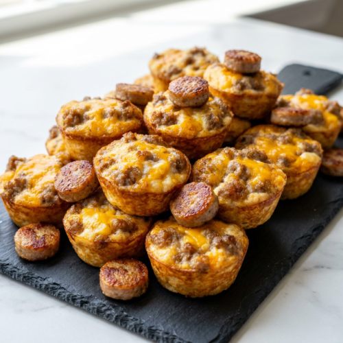 Golden brown high protein pancake sausage mini muffins stacked, revealing pan-seared sausage coins and melted cheddar inside, drizzled with maple syrup.