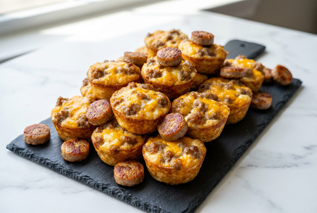 Golden brown high protein pancake sausage mini muffins stacked, revealing pan-seared sausage coins and melted cheddar inside, drizzled with maple syrup.