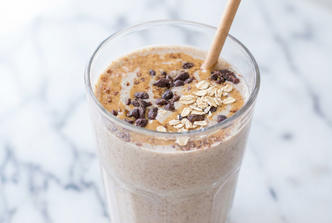 Thick, creamy high protein peanut butter smoothie in a tall glass, garnished with crushed peanuts and a straw.