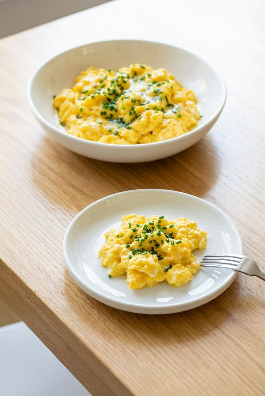 A serving of high protein scrambled eggs with fresh chives, arranged for a balanced breakfast plate.