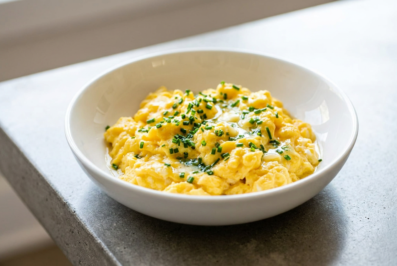 Fluffy high protein scrambled eggs, generously garnished with fresh green chives and melted butter on a white plate.