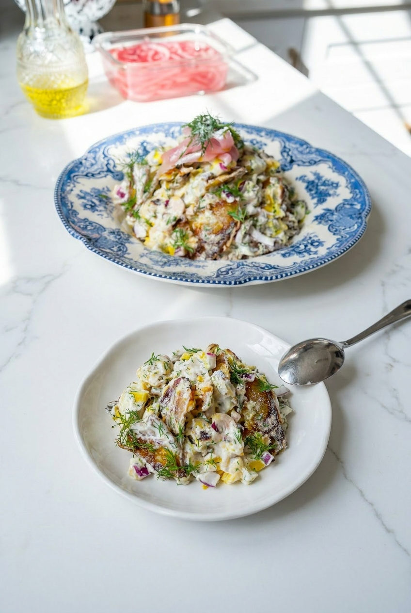 High protein smashed potato salad portioned into glass meal prep containers, ready for convenient lunches.