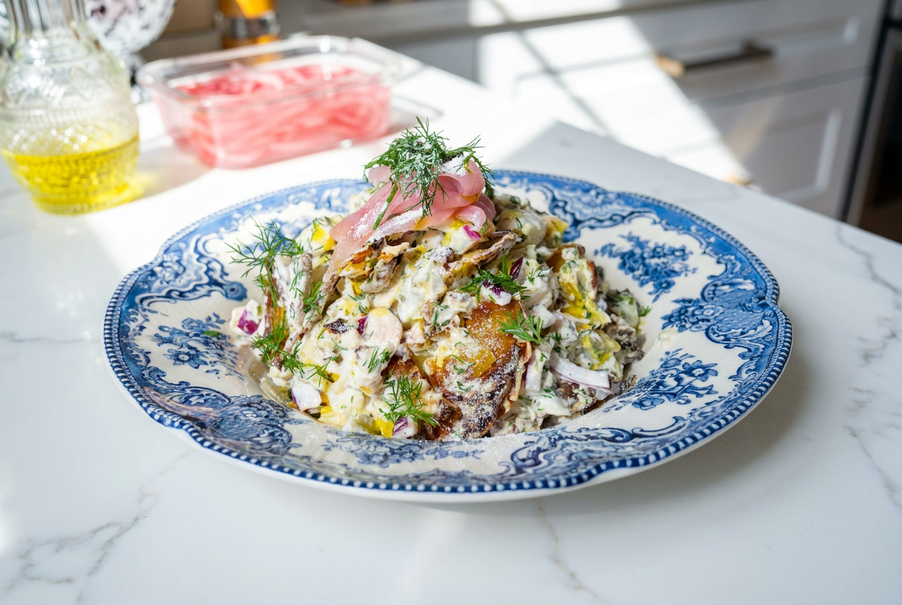 A vibrant high protein smashed potato salad in a large bowl, featuring golden-crisp potato pieces, creamy Greek yogurt dressing, fresh dill, and red onion.