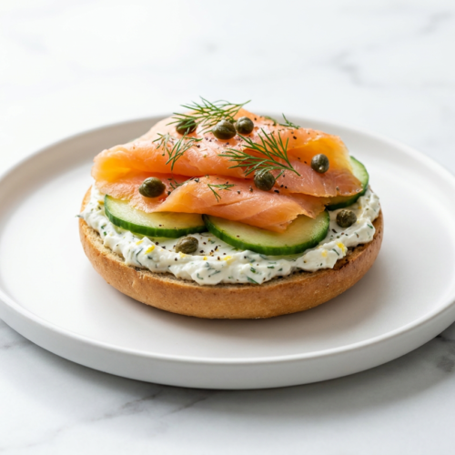 A fully assembled high protein smoked salmon bagel, generously spread with whipped cottage cheese and herb schmear, topped with smoked salmon, capers, and fresh dill.