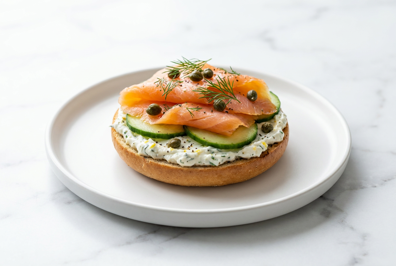 A fully assembled high protein smoked salmon bagel, generously spread with whipped cottage cheese and herb schmear, topped with smoked salmon, capers, and fresh dill.