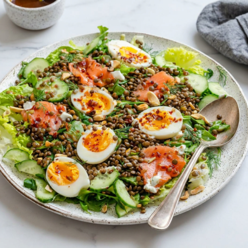 A vibrant high protein smoked trout brunch platter featuring hot-smoked trout, jammy eggs, fresh greens, capers, hazelnuts, and a creamy whipped feta & dill drizzle.