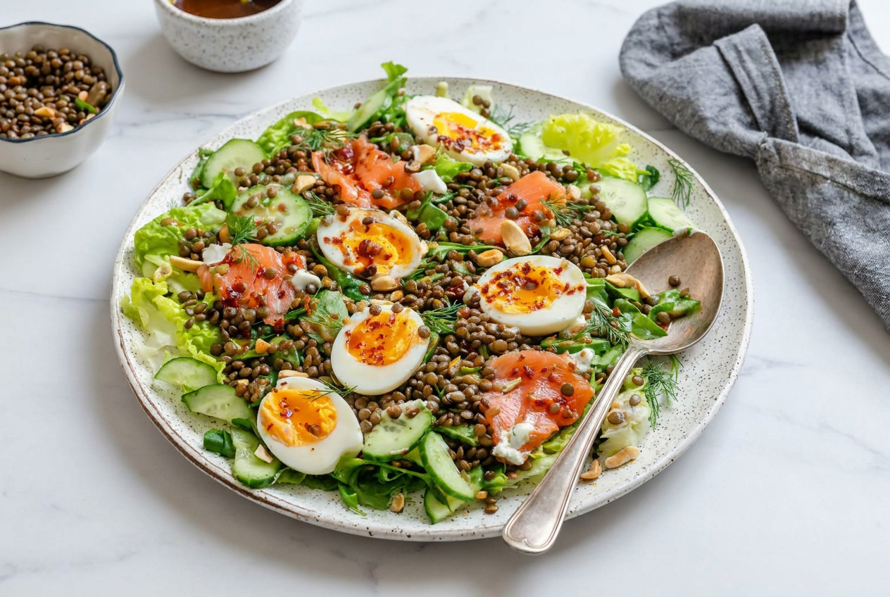A vibrant high protein smoked trout brunch platter featuring hot-smoked trout, jammy eggs, fresh greens, capers, hazelnuts, and a creamy whipped feta & dill drizzle.