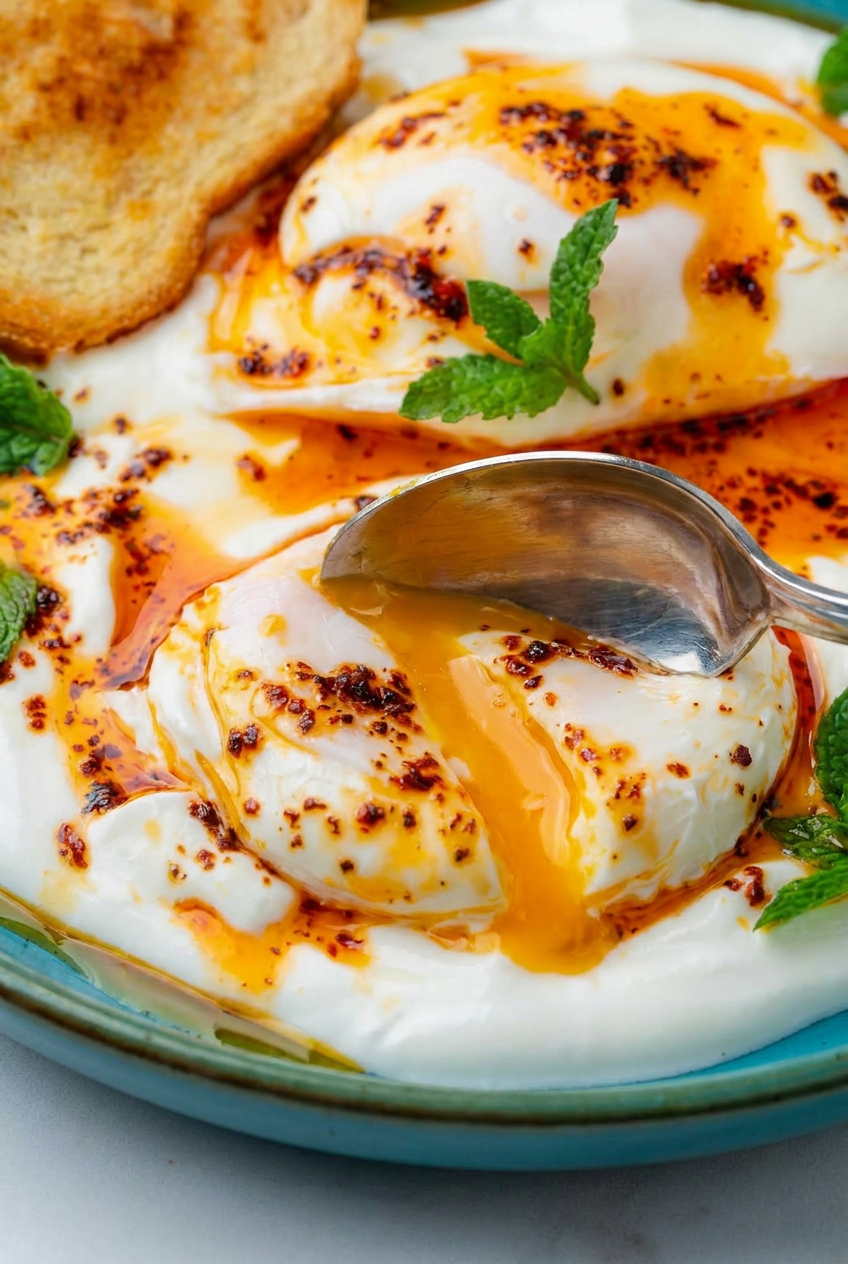 A fork breaking into a high protein turkish egg, revealing a runny yolk over herbed labneh and spiced chili butter.