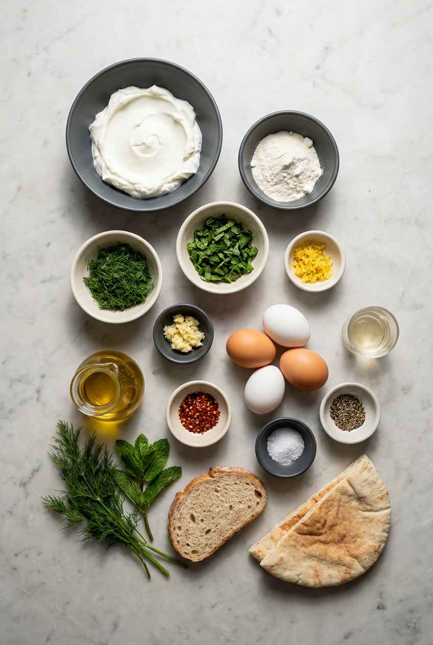 Raw ingredients for high protein turkish eggs, including fresh dill, mint, lemon, eggs, labneh, and Aleppo pepper, arranged on a surface.