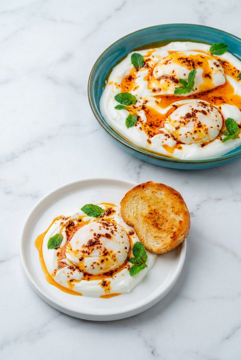 Two servings of high protein turkish eggs with fresh herbs, arranged on a table for a healthy brunch.
