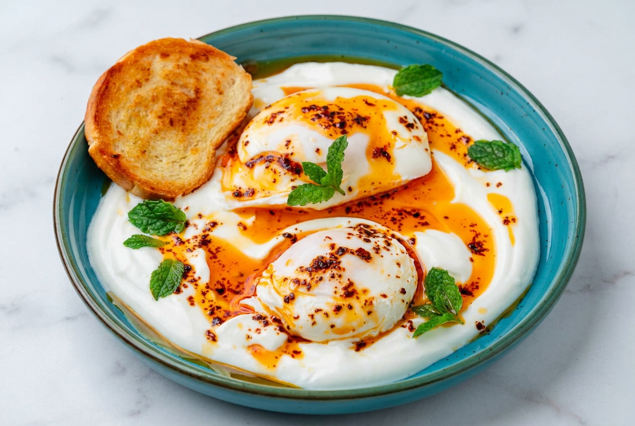 High protein turkish eggs with creamy herbed labneh, perfectly poached eggs, and vibrant spiced chili butter on a white plate.