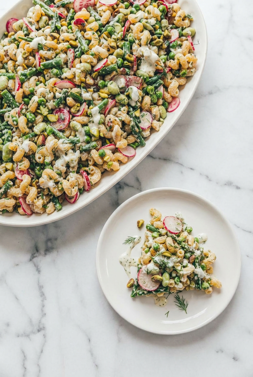 High protein vegetarian pasta salad served in individual meal prep containers with a side of Whipped Feta & Herb Dressing, ready for the week.