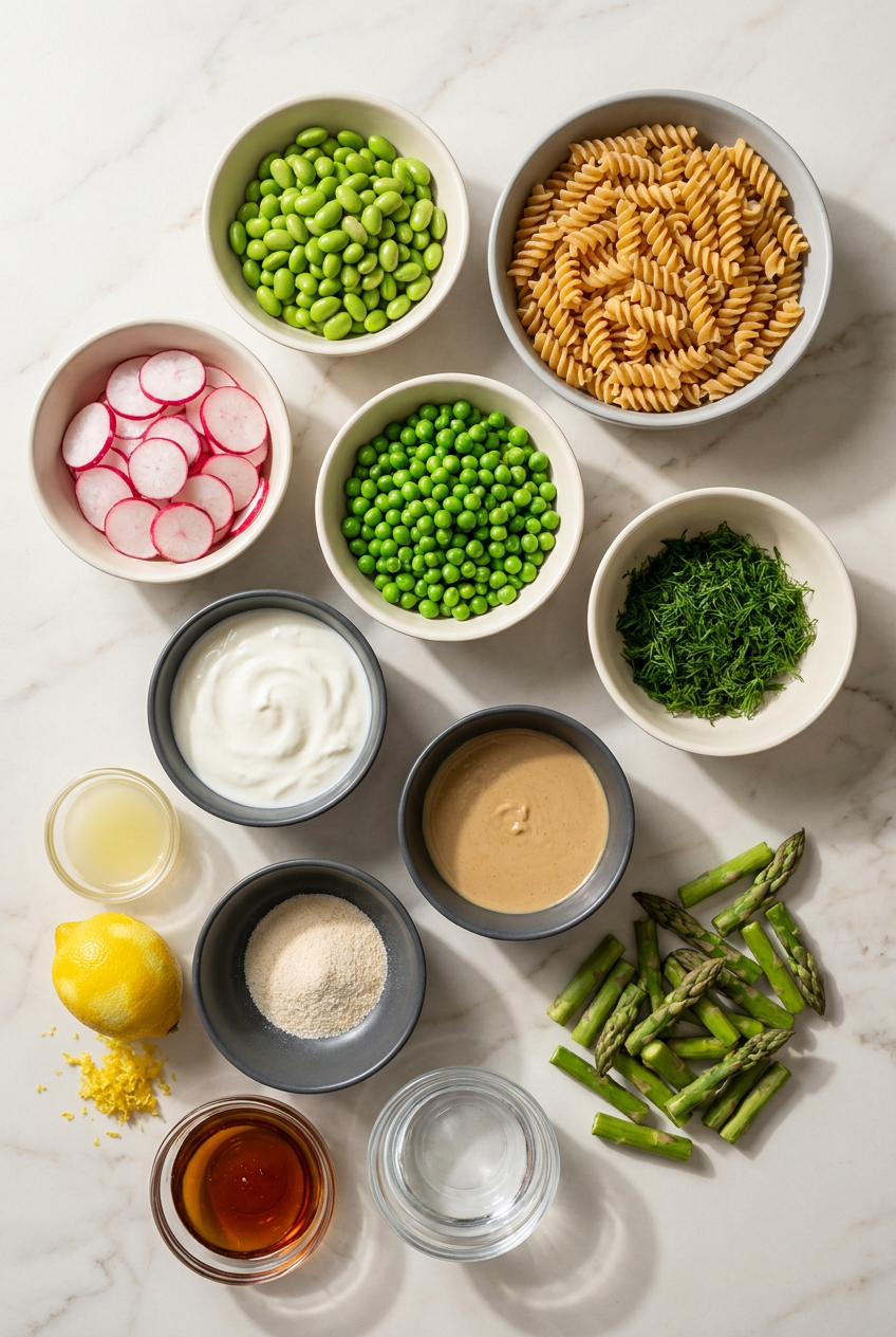 A flat lay of raw ingredients for high protein vegetarian pasta salad, including lupini bean pasta, edamame, cherry tomatoes, cucumbers, fresh dill, chives, and a block of feta cheese.